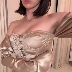 PrettyLittleThing Cream and Gold Bustier Off-the-Shoulder Top